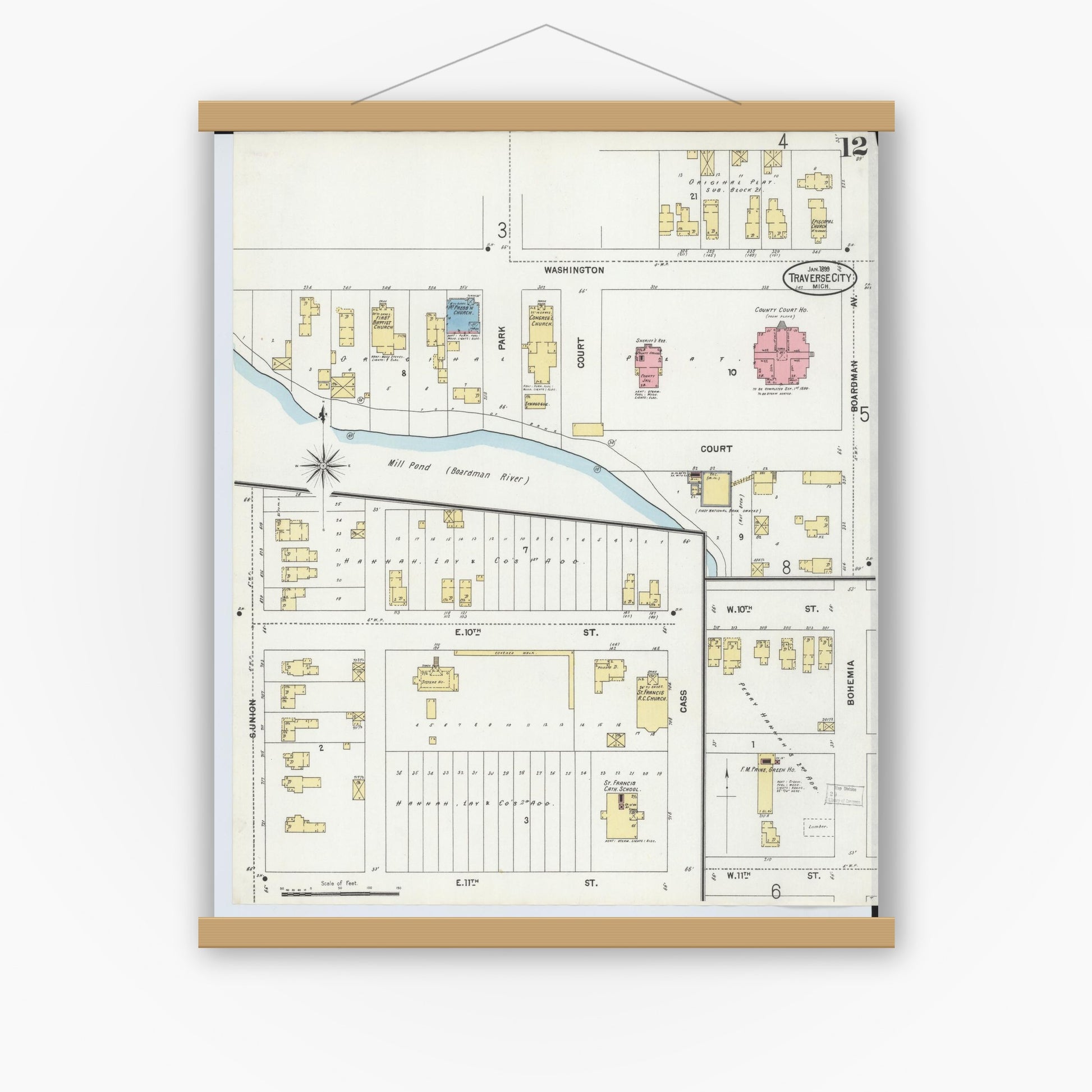Old map wall art mockup — magnetic wood frame on white wall — Sanborn Fire Insurance Map from Traverse City, Grand Traverse County, Michigan (1899), Sheet #0012
