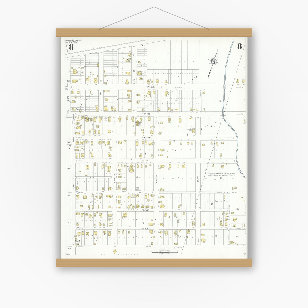 Old map wall art mockup — magnetic wood frame on white wall — Sanborn Fire Insurance Map from Conroe, Montgomery County, Texas (1938), Sheet #0008