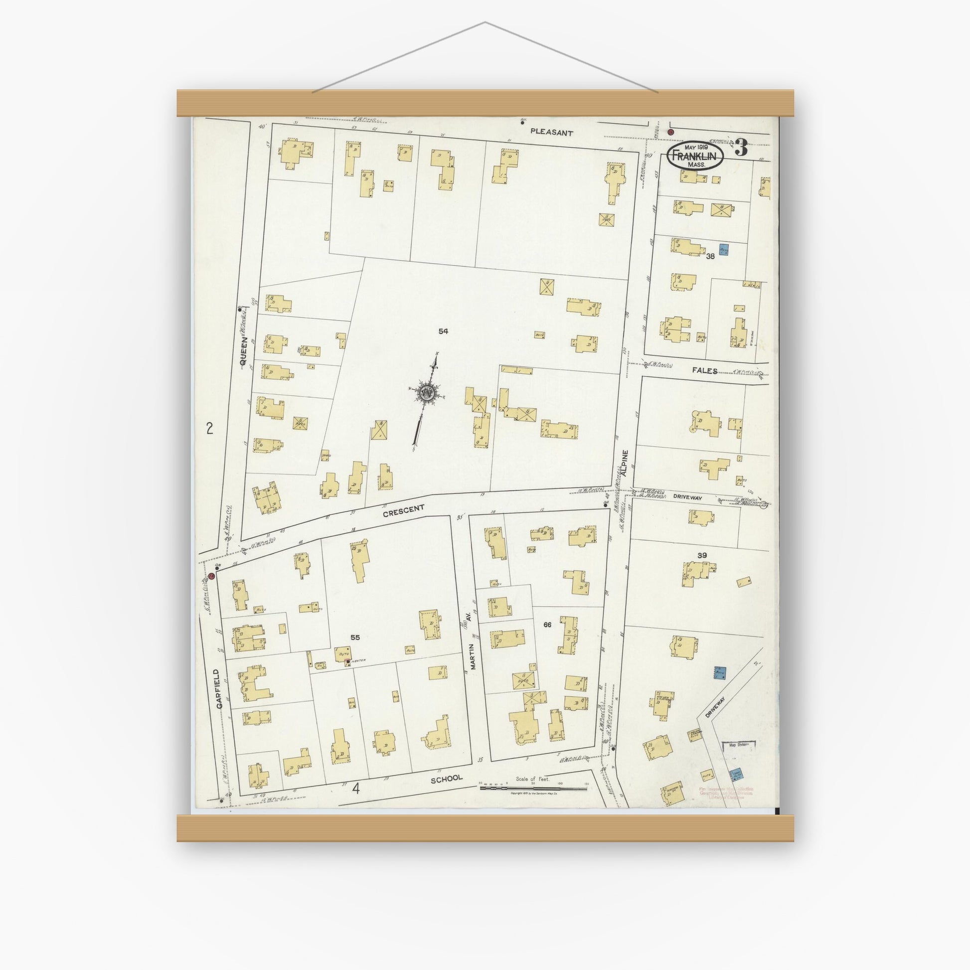 Old map wall art mockup — magnetic wood frame on white wall — Sanborn Fire Insurance Map from Franklin, Norfolk County, Massachusetts (1919), Sheet #0003