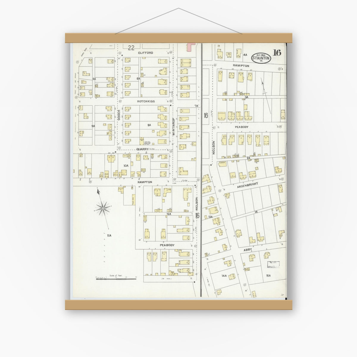 Old map wall art mockup — magnetic wood frame on white wall — Sanborn Fire Insurance Map from Staunton, Independent Cities, Virginia (1904), Sheet #0016