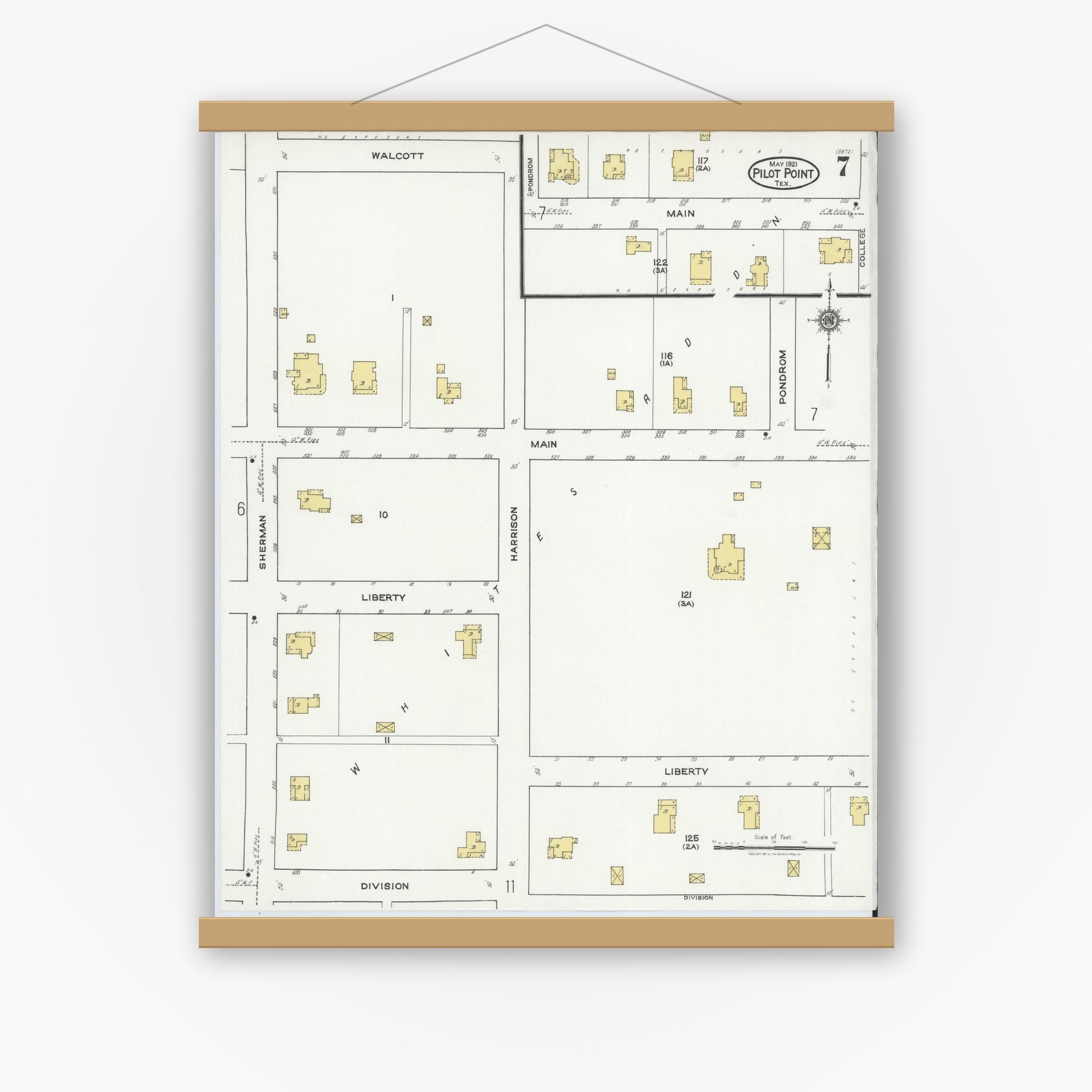 Old map wall art mockup — magnetic wood frame on white wall — Sanborn Fire Insurance Map from Pilot Point, Denton County, Texas (1921), Sheet #0007