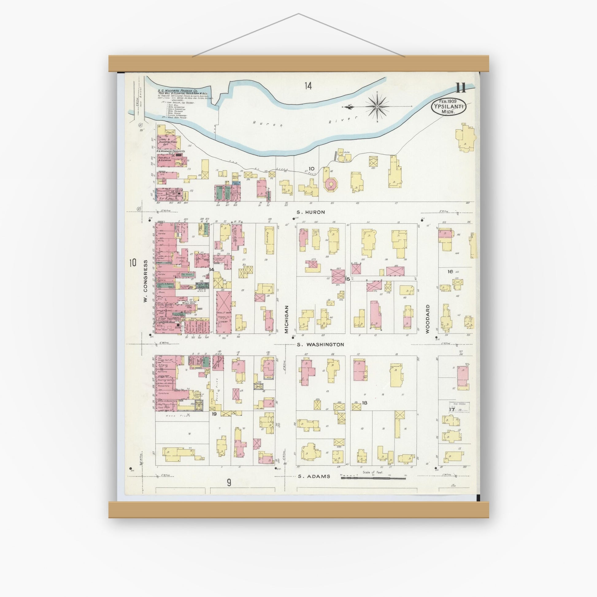 Old map wall art mockup — magnetic wood frame on white wall — Sanborn Fire Insurance Map from Ypsilanti, Washtenaw County, Michigan (1909), Sheet #0011