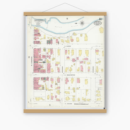 Old map wall art mockup — magnetic wood frame on white wall — Sanborn Fire Insurance Map from Ypsilanti, Washtenaw County, Michigan (1909), Sheet #0011
