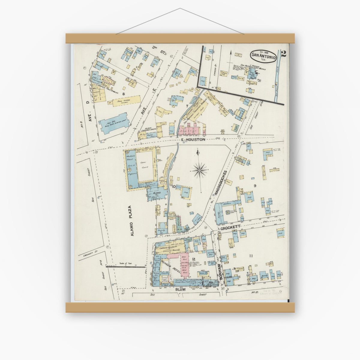Old map wall art mockup — magnetic wood frame on white wall — Sanborn Fire Insurance Map from San Antonio, Bexar County, Texas (1888), Sheet #0002