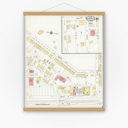 Old map wall art mockup — magnetic wood frame on white wall — Sanborn Fire Insurance Map from New Kensington, Westmoreland County, Pennsylvania (1911), Sheet #0010