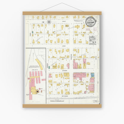 Old map wall art mockup — magnetic wood frame on white wall — Sanborn Fire Insurance Map from Cayuga, Vermillion County, Indiana (1906), Sheet #0001