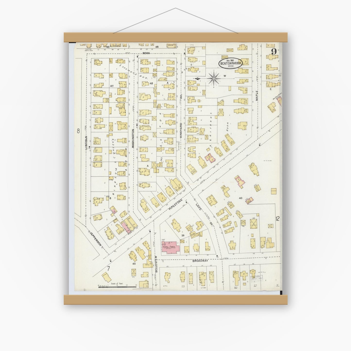 Old map wall art mockup — magnetic wood frame on white wall — Sanborn Fire Insurance Map from Benton Harbor, Berrien County, Michigan (1905), Sheet #0009