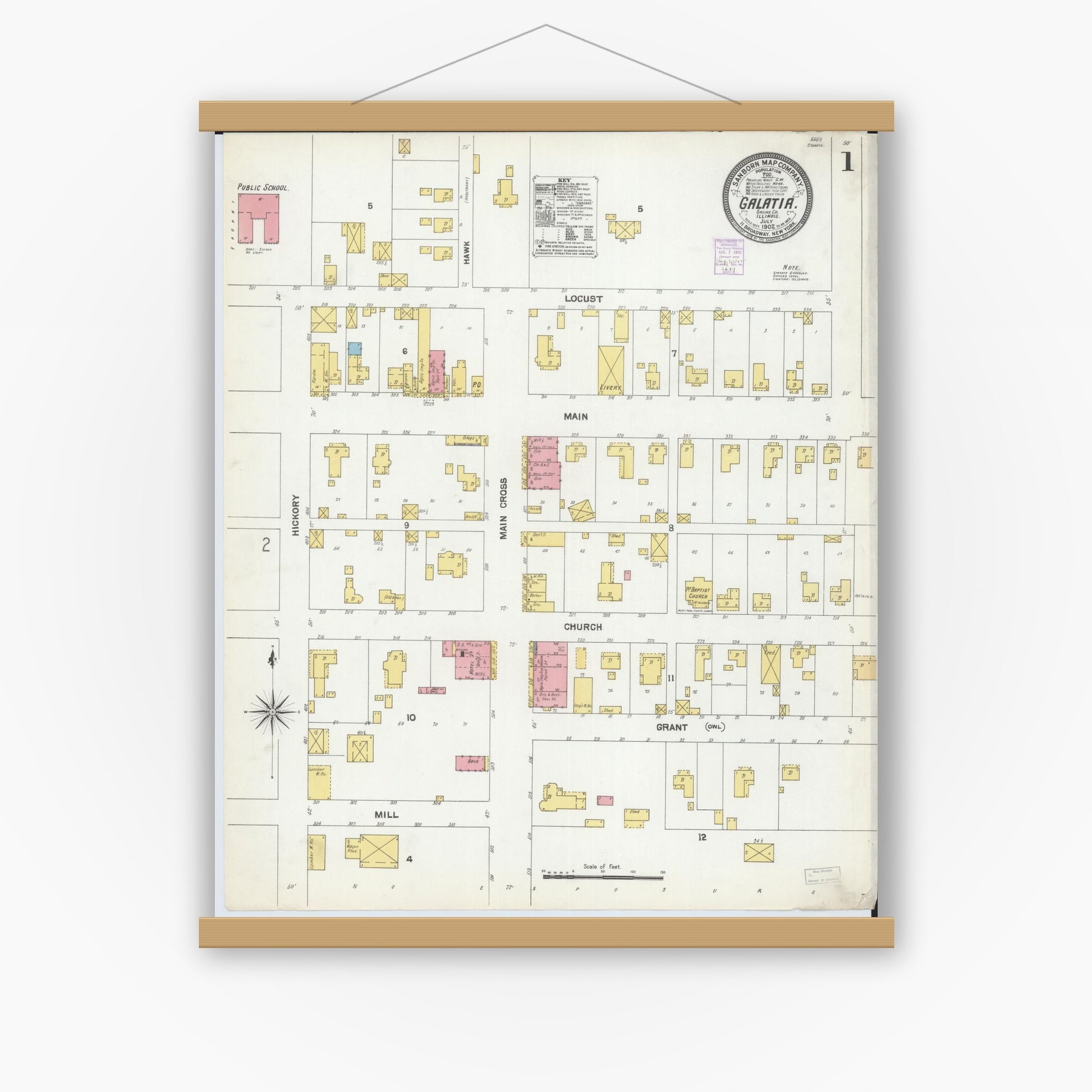 Old map wall art mockup — magnetic wood frame on white wall — Sanborn Fire Insurance Map from Galatia, Saline County, Illinois (1902) - Complete Map Set