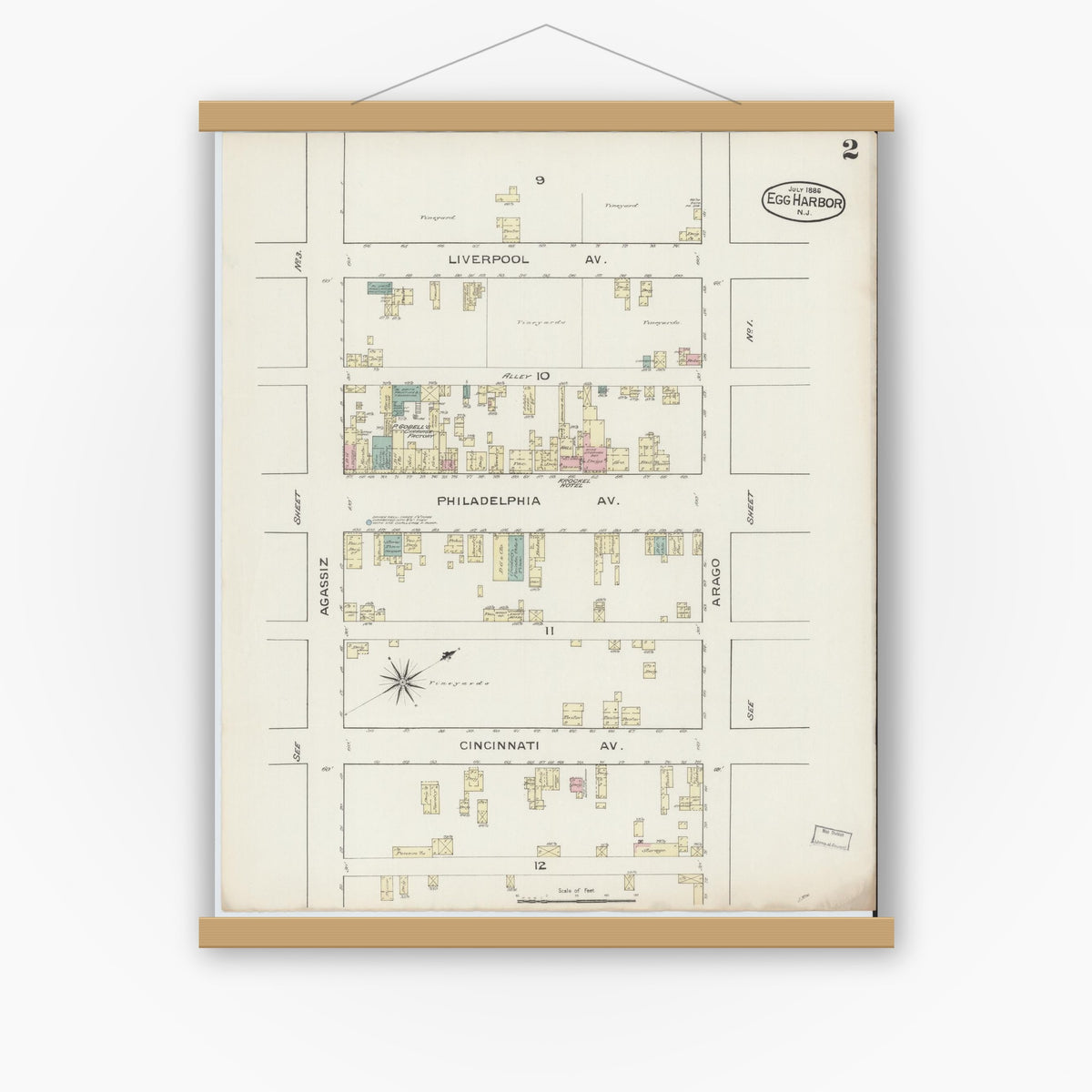 Old map wall art mockup — magnetic wood frame on white wall — Sanborn Fire Insurance Map from Egg Harbor City, Atlantic County, New Jersey (1886), Sheet #0002
