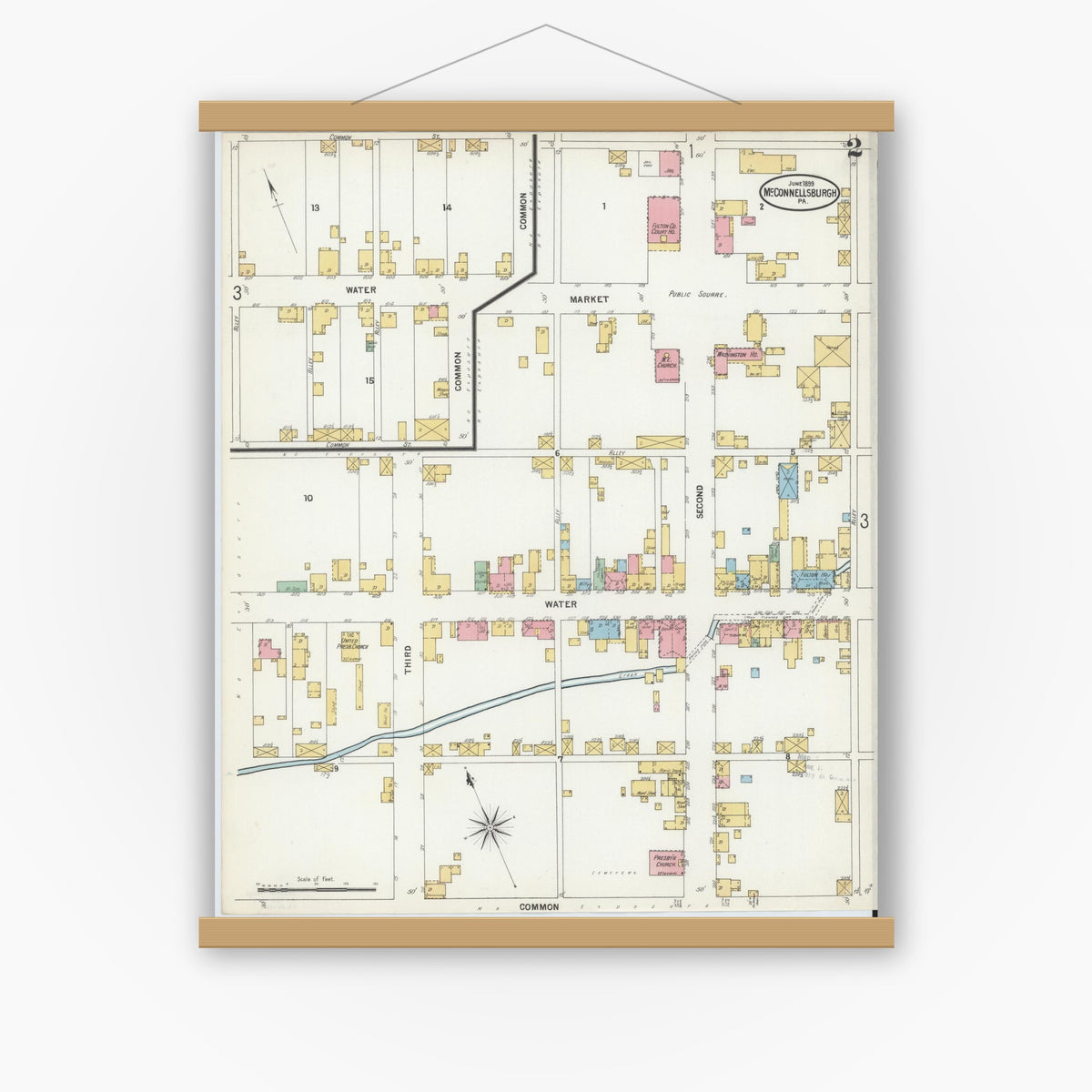 Old map wall art mockup — magnetic wood frame on white wall — Sanborn Fire Insurance Map from McConnellsburgh, Fulton County, Pennsylvania (1899), Sheet #0002