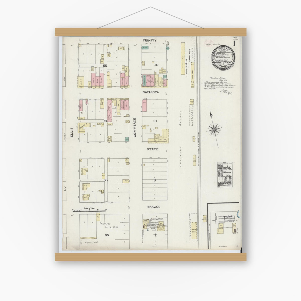 Old map wall art mockup — magnetic wood frame on white wall — Sanborn Fire Insurance Map from Groesbeck, Limestone County, Texas (1891) - Complete Map Set