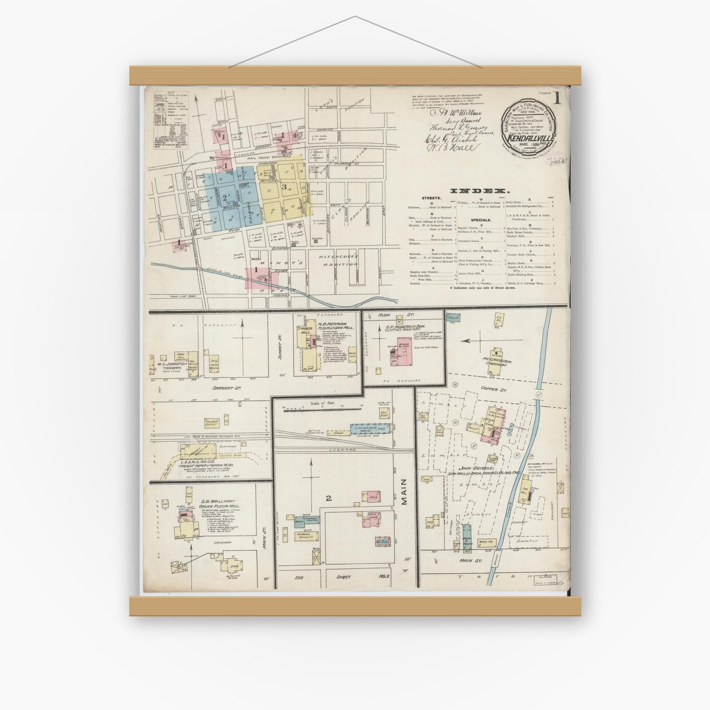 Old map wall art mockup — magnetic wood frame on white wall — Sanborn Fire Insurance Map from Kendallville, Noble County, Indiana (1886) - Complete Map Set
