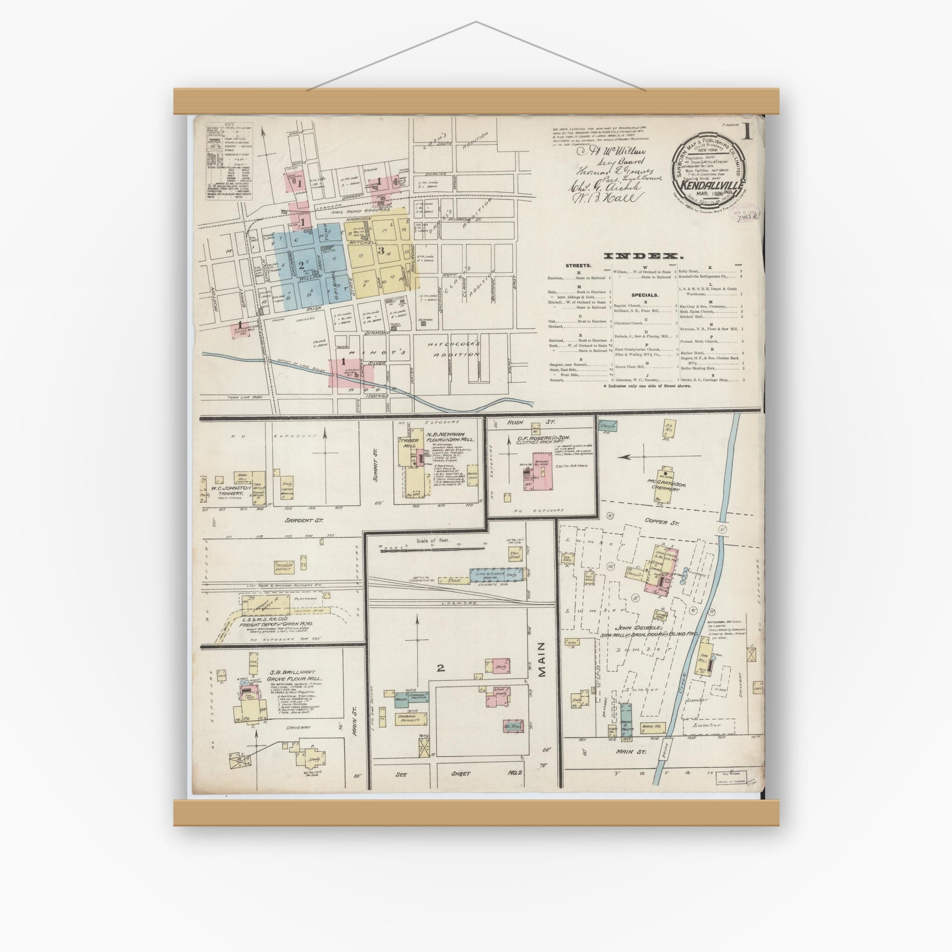 Old map wall art mockup — magnetic wood frame on white wall — Sanborn Fire Insurance Map from Kendallville, Noble County, Indiana (1886) - Complete Map Set
