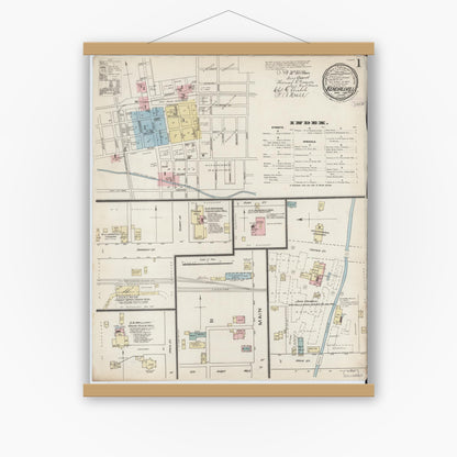 Old map wall art mockup — magnetic wood frame on white wall — Sanborn Fire Insurance Map from Kendallville, Noble County, Indiana (1886) - Complete Map Set