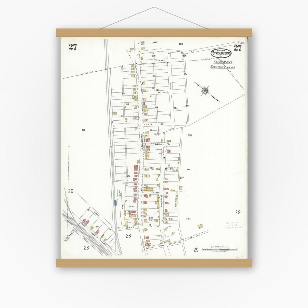Old map wall art mockup — magnetic wood frame on white wall — Sanborn Fire Insurance Map from Stroudsburg, Monroe County, Pennsylvania (1923), Sheet #0027