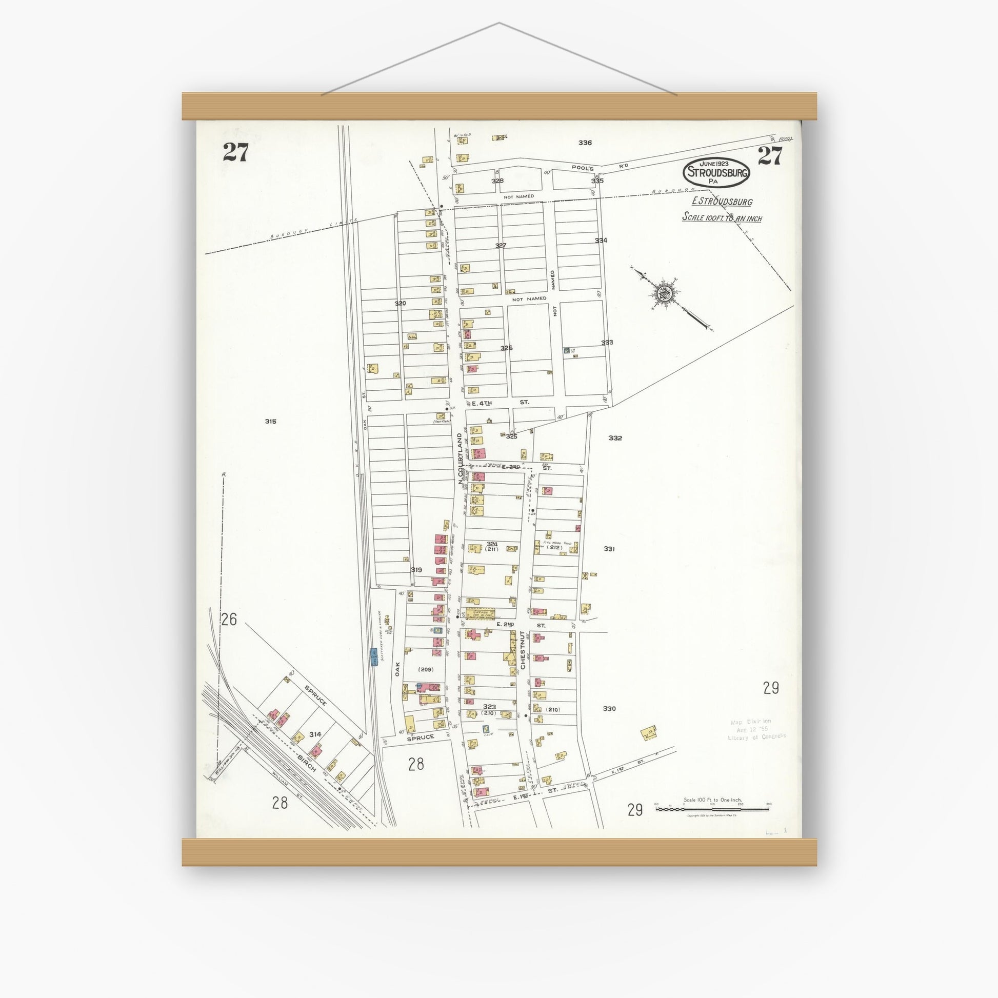 Old map wall art mockup — magnetic wood frame on white wall — Sanborn Fire Insurance Map from Stroudsburg, Monroe County, Pennsylvania (1923), Sheet #0027