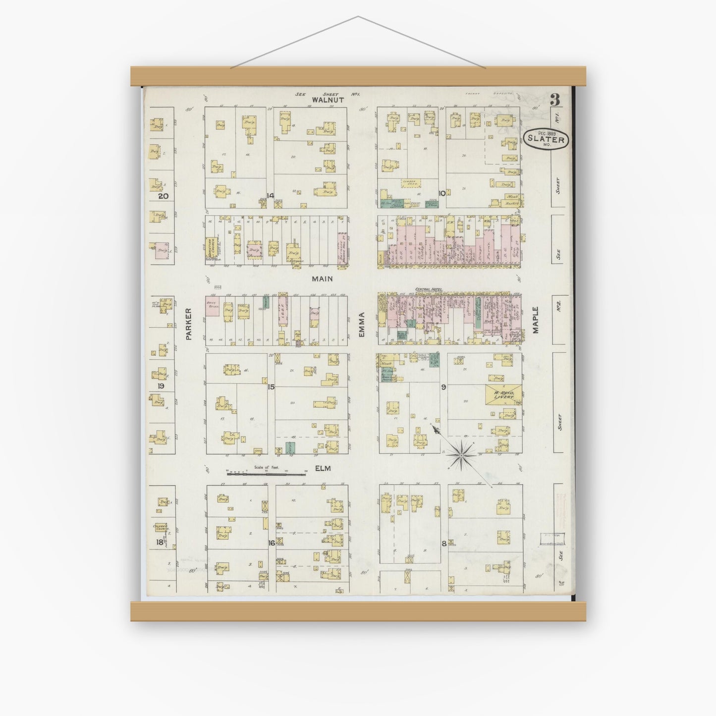 Old map wall art mockup — magnetic wood frame on white wall — Sanborn Fire Insurance Map from Slater, Saline County, Missouri (1890), Sheet #0003