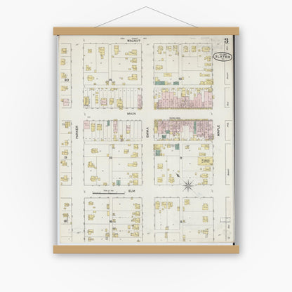 Old map wall art mockup — magnetic wood frame on white wall — Sanborn Fire Insurance Map from Slater, Saline County, Missouri (1890), Sheet #0003