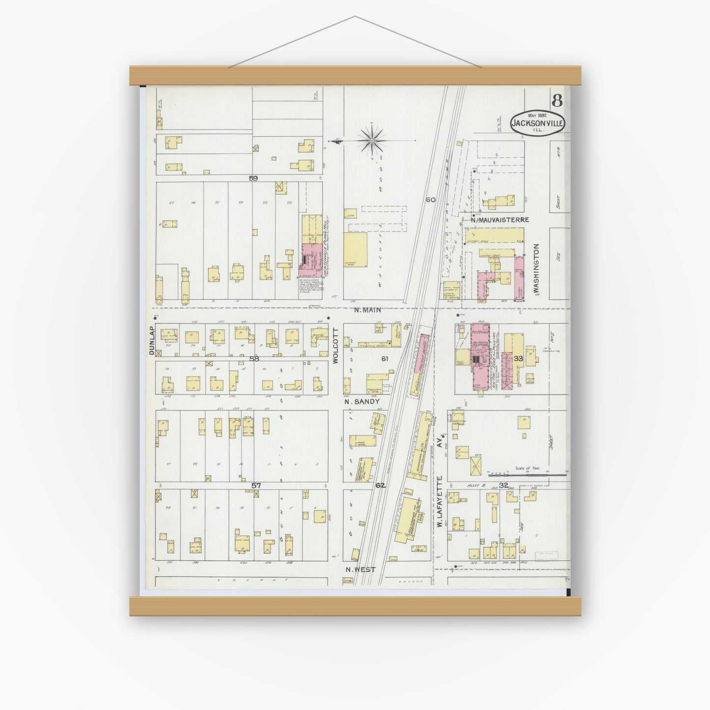 Old map wall art mockup — magnetic wood frame on white wall — Sanborn Fire Insurance Map from Jacksonville, Morgan County, Illinois (1892), Sheet #0008