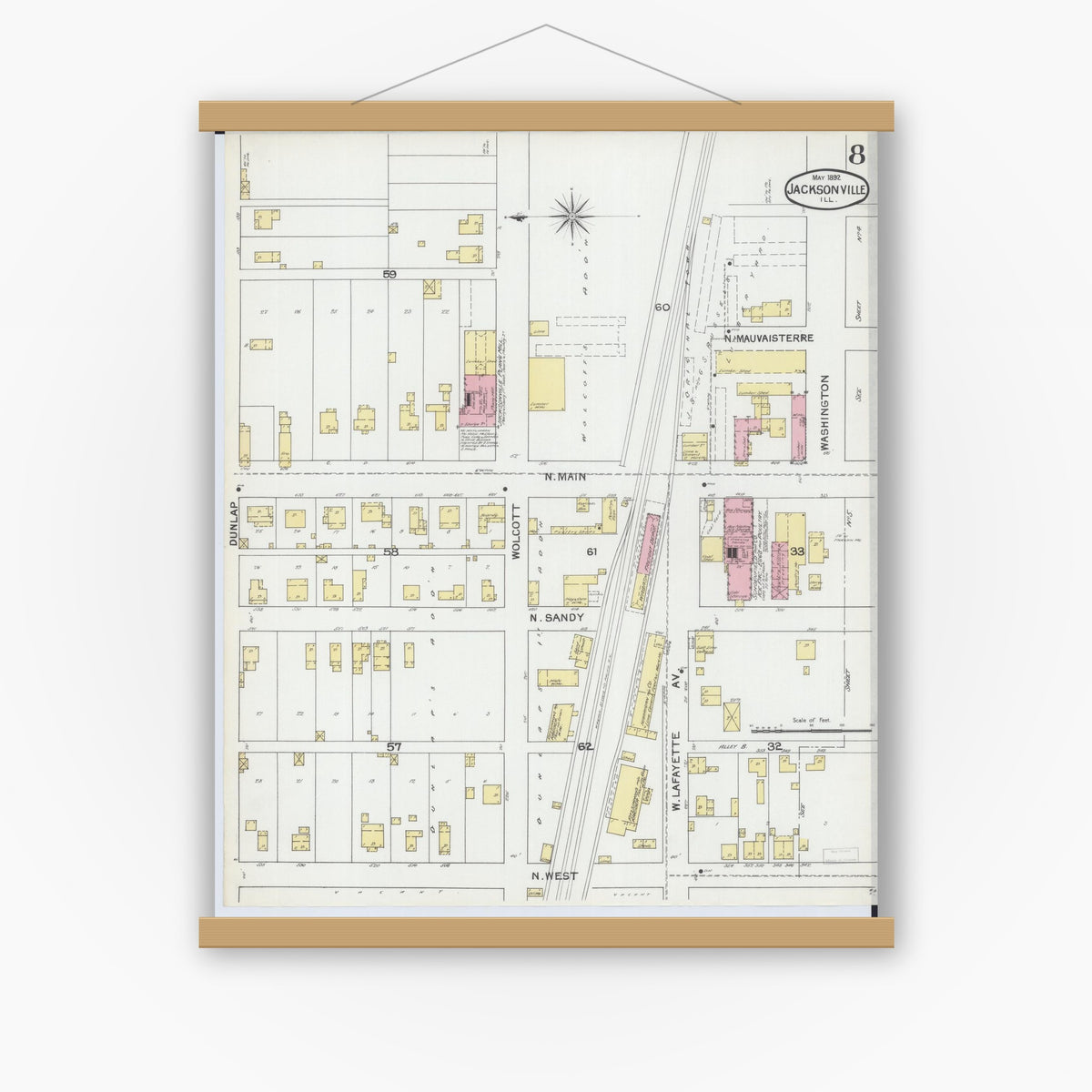 Old map wall art mockup — magnetic wood frame on white wall — Sanborn Fire Insurance Map from Jacksonville, Morgan County, Illinois (1892), Sheet #0008