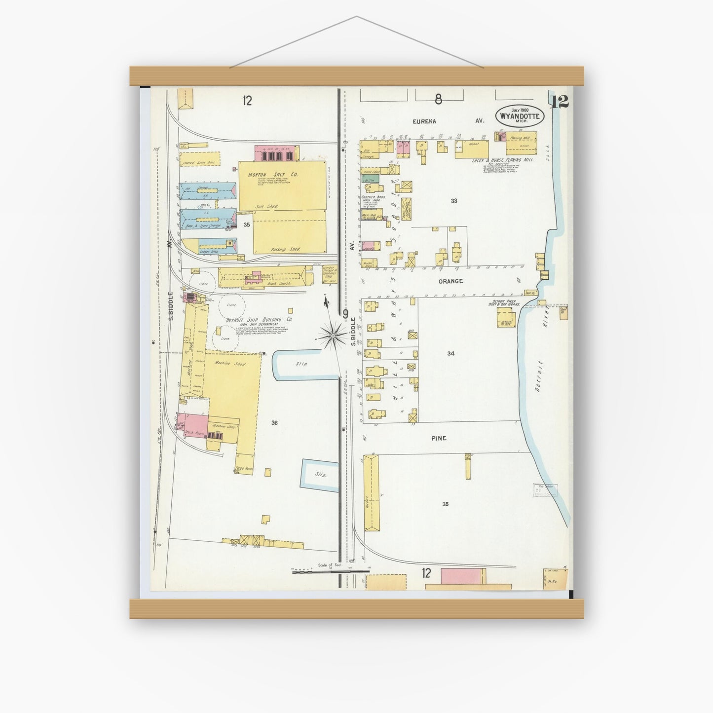 Old map wall art mockup — magnetic wood frame on white wall — Sanborn Fire Insurance Map from Wyandotte, Wayne County, Michigan (1900), Sheet #0012