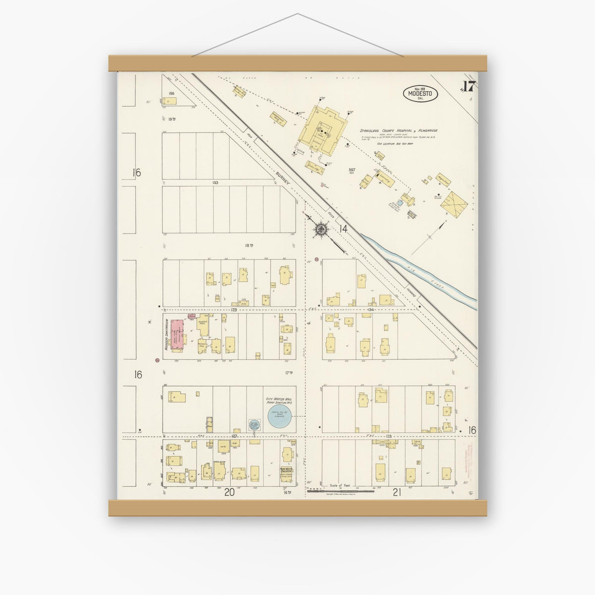 Old map wall art mockup — magnetic wood frame on white wall — Sanborn Fire Insurance Map from Modesto, Stanislaus County, California (1919), Sheet #0017