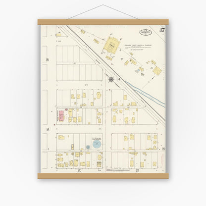 Old map wall art mockup — magnetic wood frame on white wall — Sanborn Fire Insurance Map from Modesto, Stanislaus County, California (1919), Sheet #0017