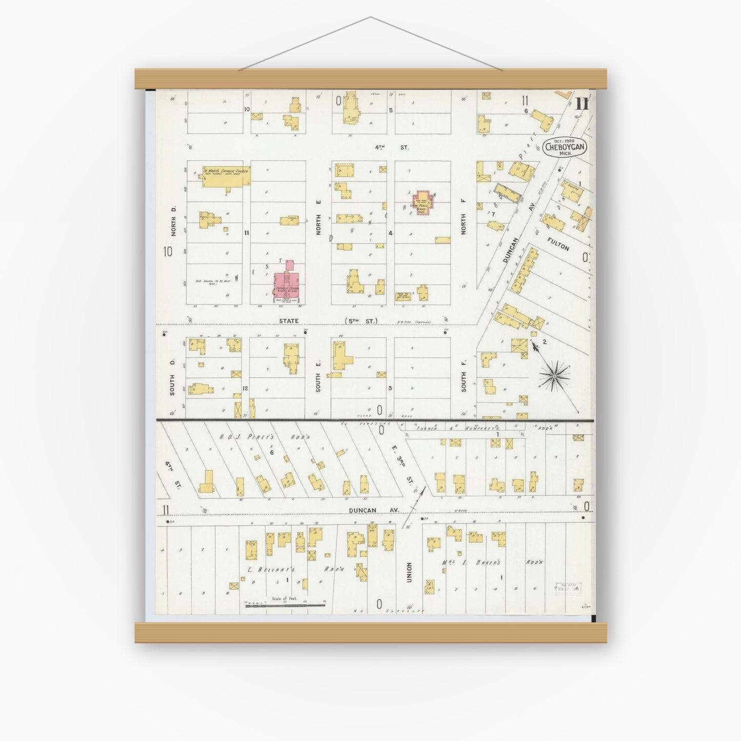 Old map wall art mockup — magnetic wood frame on white wall — Sanborn Fire Insurance Map from Cheboygan, Cheboygan County, Michigan (1900), Sheet #0011