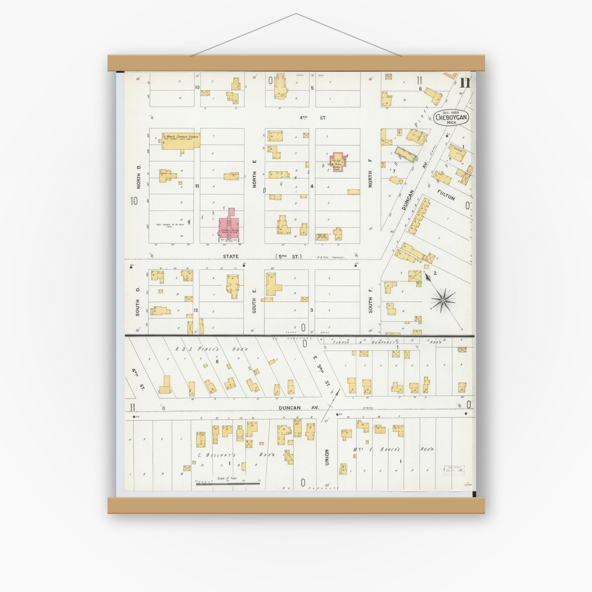 Old map wall art mockup — magnetic wood frame on white wall — Sanborn Fire Insurance Map from Cheboygan, Cheboygan County, Michigan (1900), Sheet #0011