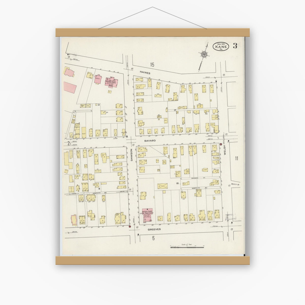Old map wall art mockup — magnetic wood frame on white wall — Sanborn Fire Insurance Map from Kane, McKean County, Pennsylvania (1915), Sheet #0003