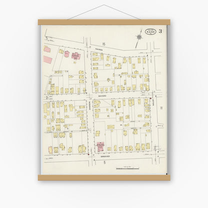 Old map wall art mockup — magnetic wood frame on white wall — Sanborn Fire Insurance Map from Kane, McKean County, Pennsylvania (1915), Sheet #0003