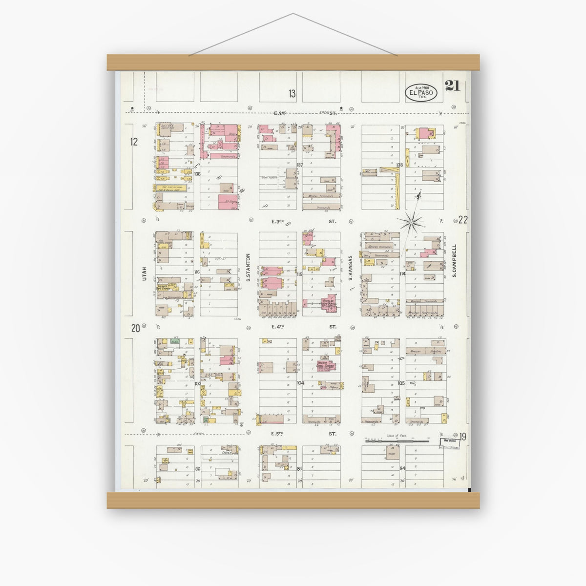 Old map wall art mockup — magnetic wood frame on white wall — Sanborn Fire Insurance Map from El Paso, El Paso County, Texas (1900), Sheet #0021