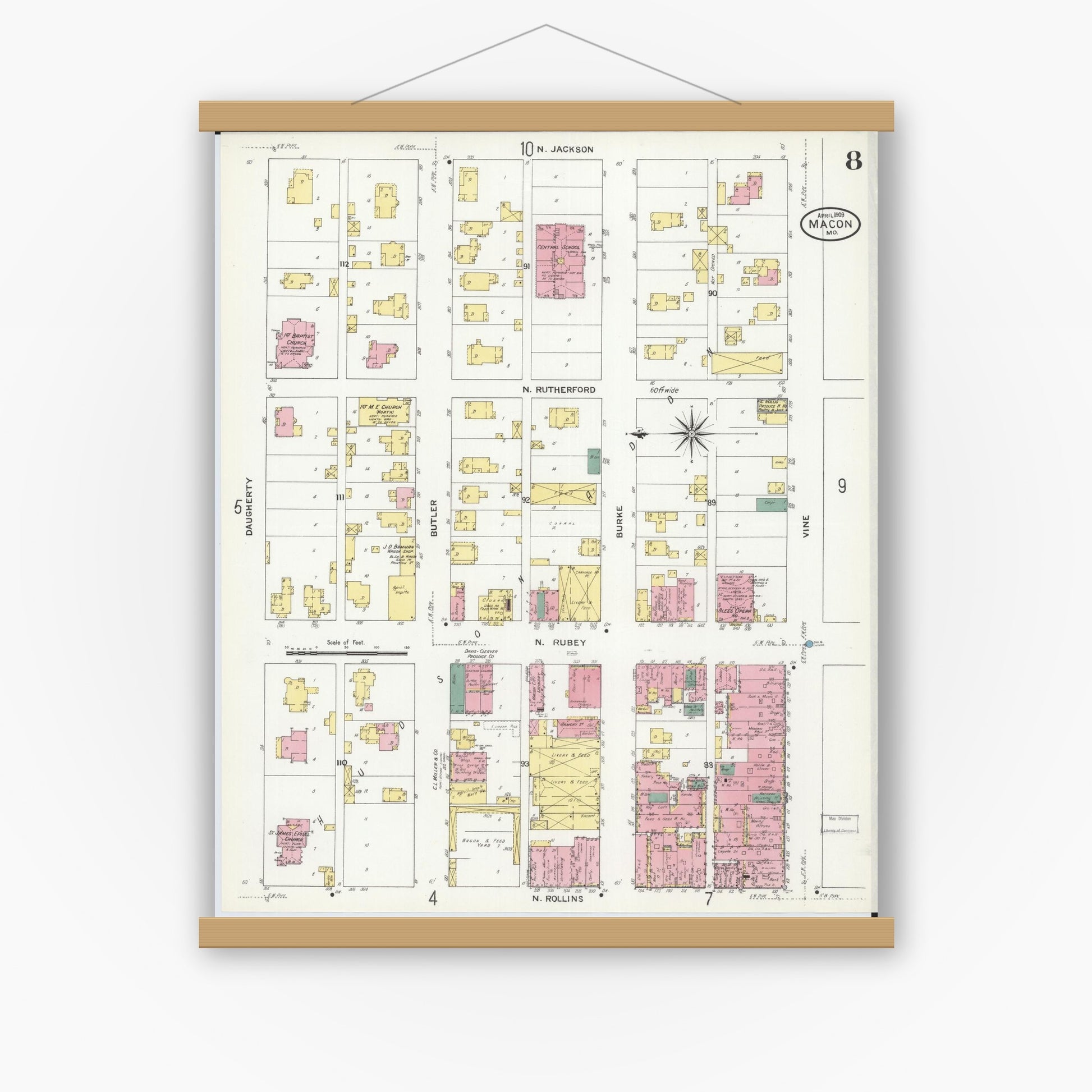 Old map wall art mockup — magnetic wood frame on white wall — Sanborn Fire Insurance Map from Macon, Macon County, Missouri (1909), Sheet #0008