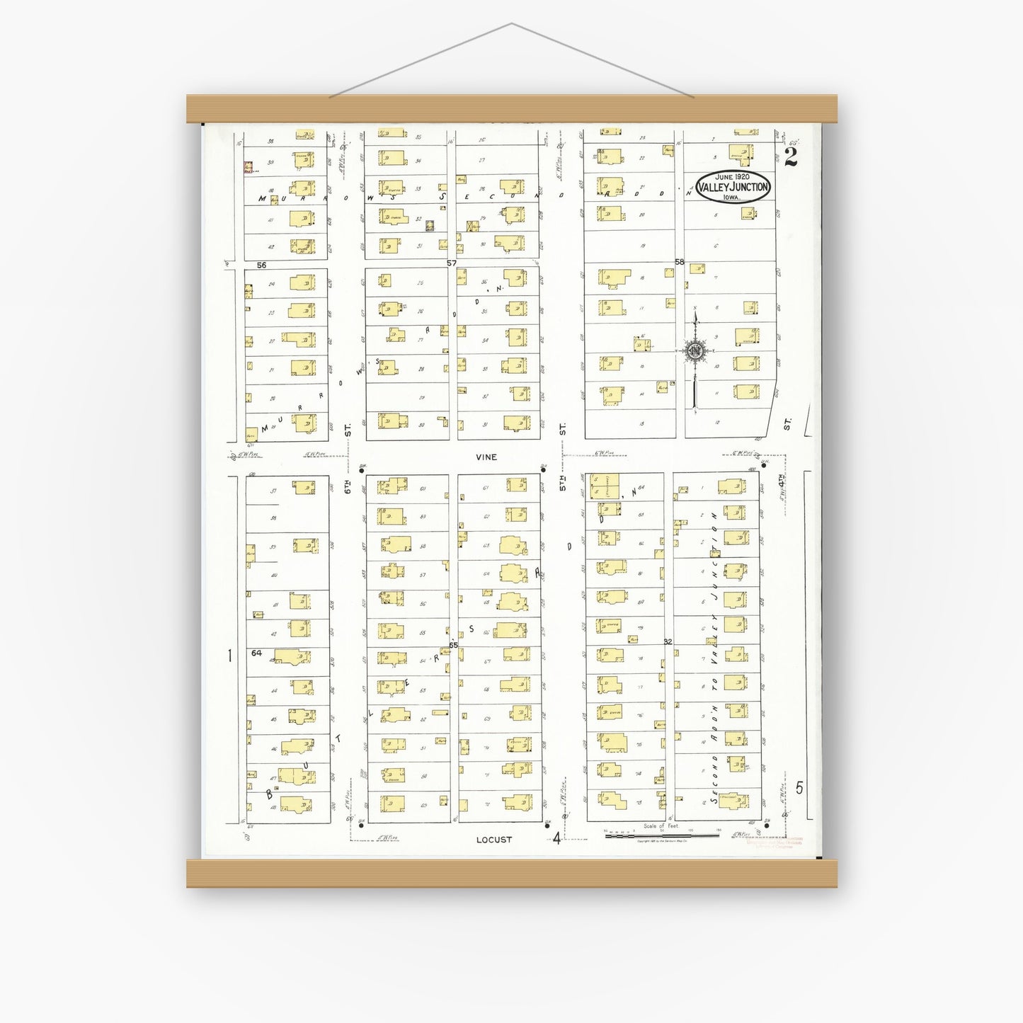 Old map wall art mockup — magnetic wood frame on white wall — Sanborn Fire Insurance Map from Valley Junction, Polk County, Iowa (1920), Sheet #0002