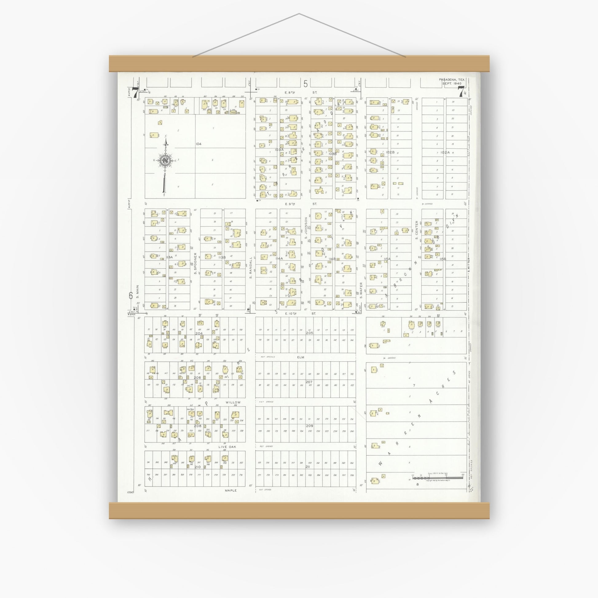 Old map wall art mockup — magnetic wood frame on white wall — Sanborn Fire Insurance Map from Pasadena, Harris County, Texas (1940), Sheet #0007