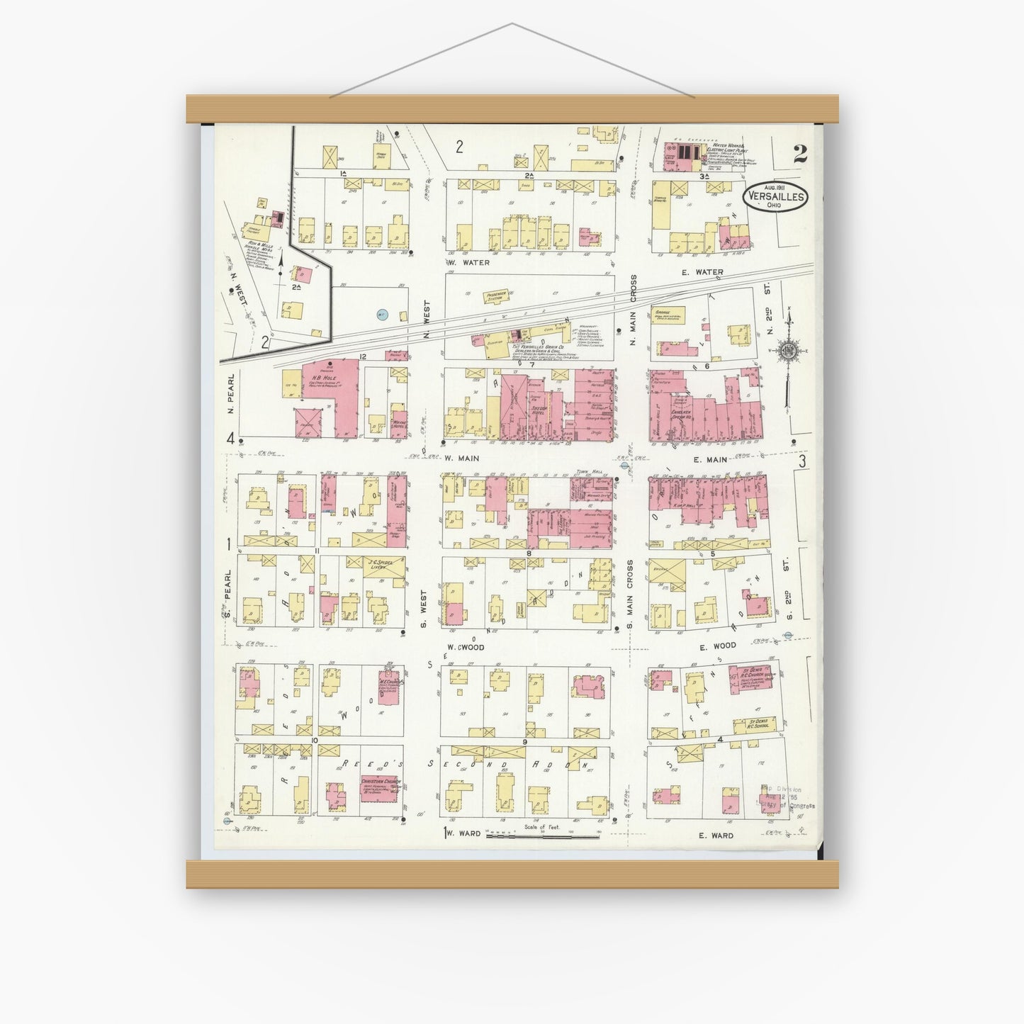 Old map wall art mockup — magnetic wood frame on white wall — Sanborn Fire Insurance Map from Versailles, Darke County, Ohio (1911), Sheet #0002