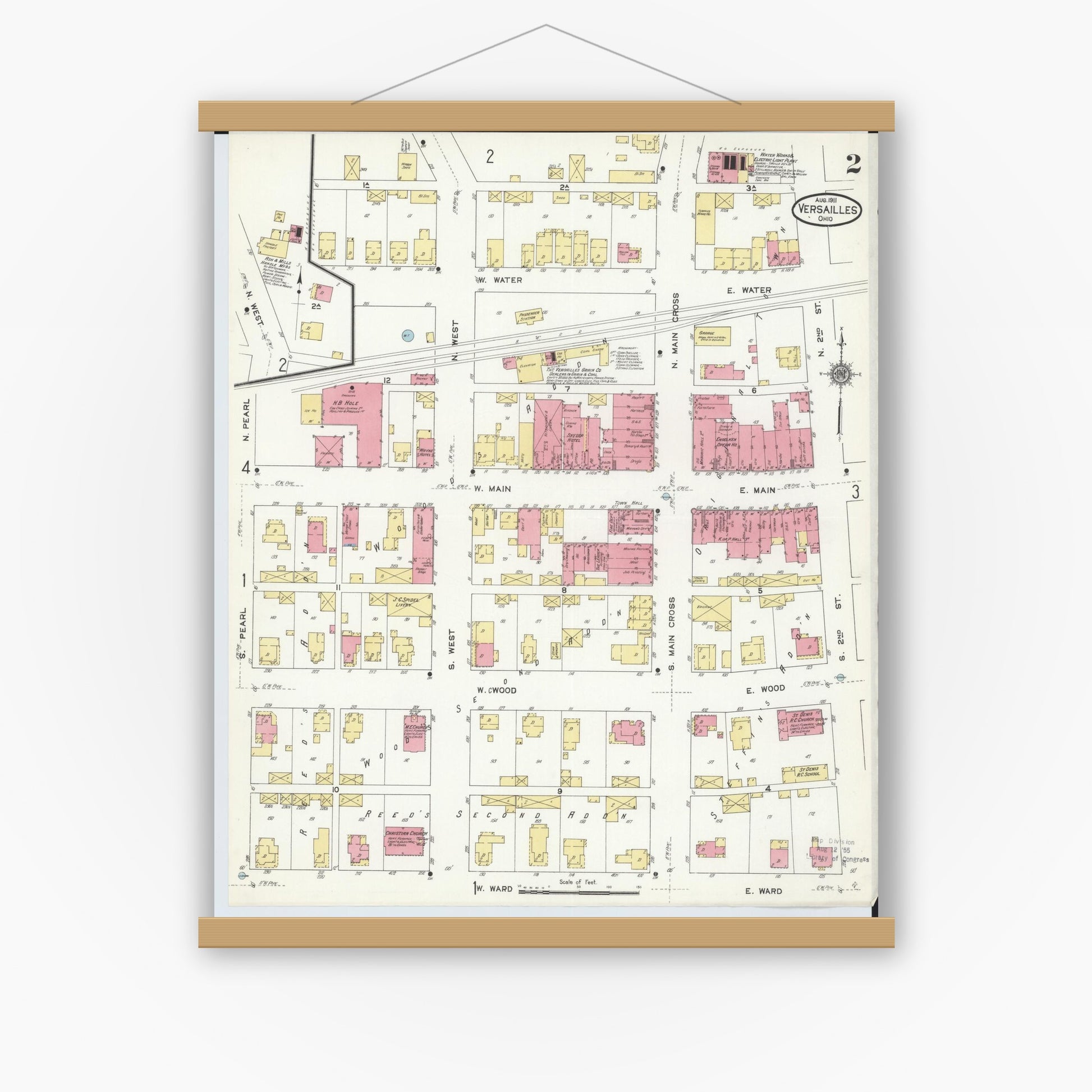 Old map wall art mockup — magnetic wood frame on white wall — Sanborn Fire Insurance Map from Versailles, Darke County, Ohio (1911), Sheet #0002