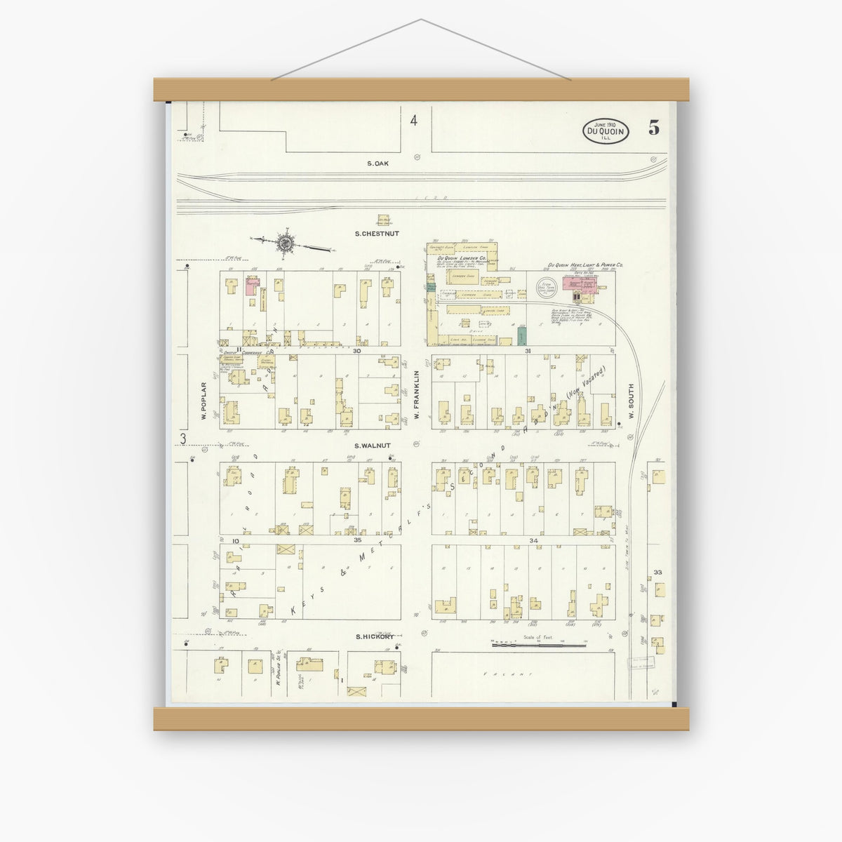 Old map wall art mockup — magnetic wood frame on white wall — Sanborn Fire Insurance Map from Du Quoin, Perry County, Illinois (1910), Sheet #0005