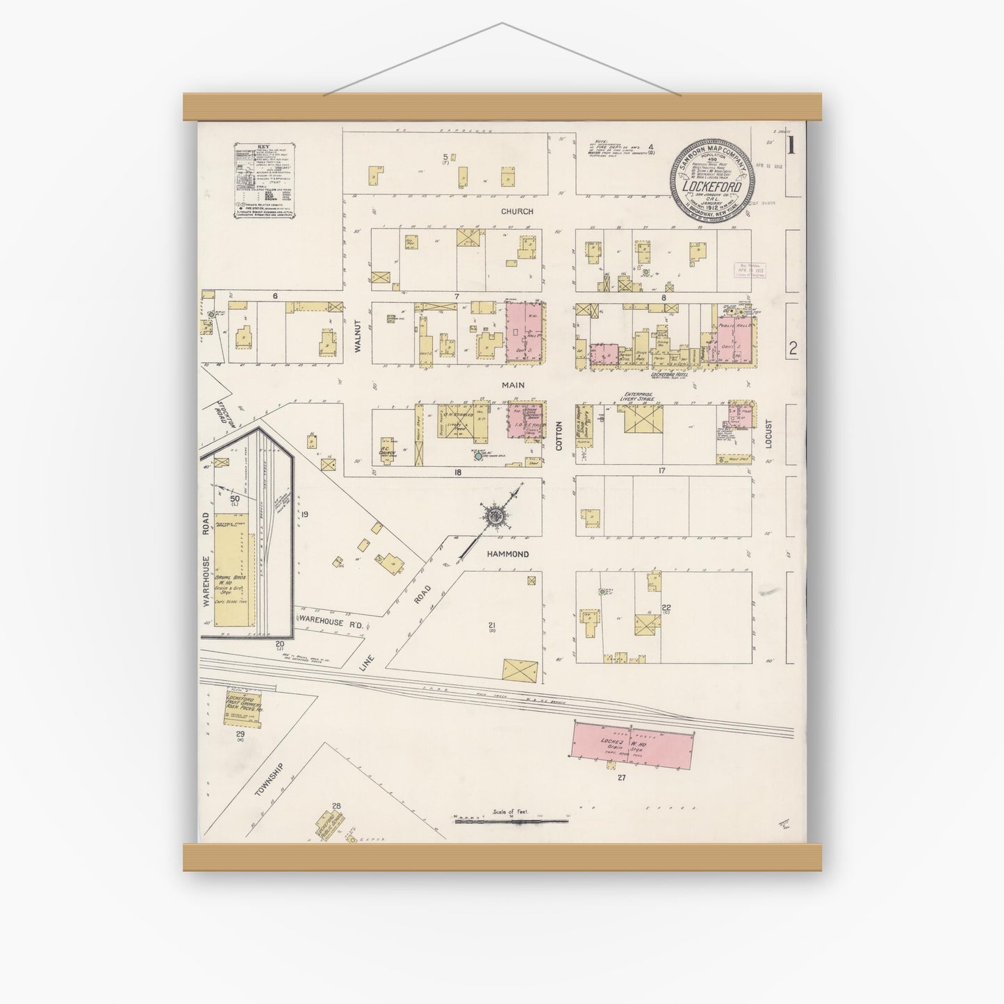 Old map wall art mockup — magnetic wood frame on white wall — Sanborn Fire Insurance Map from Lockeford, San Joaquin County, California (1912) - Complete Map Set