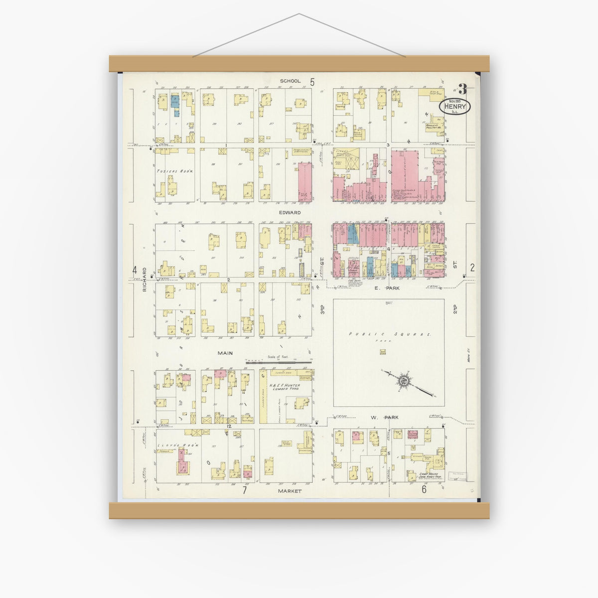 Old map wall art mockup — magnetic wood frame on white wall — Sanborn Fire Insurance Map from Henry, Marshall County, Illinois (1913), Sheet #0003