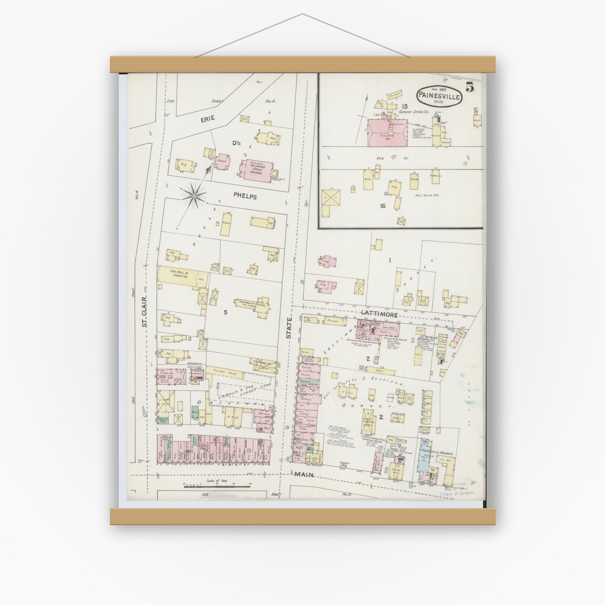 Old map wall art mockup — magnetic wood frame on white wall — Sanborn Fire Insurance Map from Painesville, Lake County, Ohio (1889), Sheet #0005