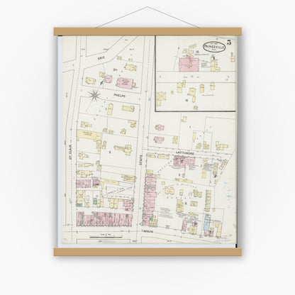 Old map wall art mockup — magnetic wood frame on white wall — Sanborn Fire Insurance Map from Painesville, Lake County, Ohio (1889), Sheet #0005