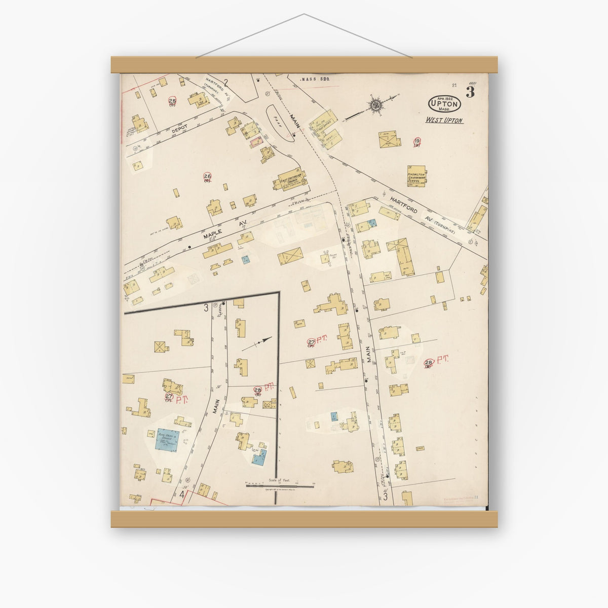 Old map wall art mockup — magnetic wood frame on white wall — Sanborn Fire Insurance Map from Upton, Worcester County, Massachusetts (1945), Sheet #0003