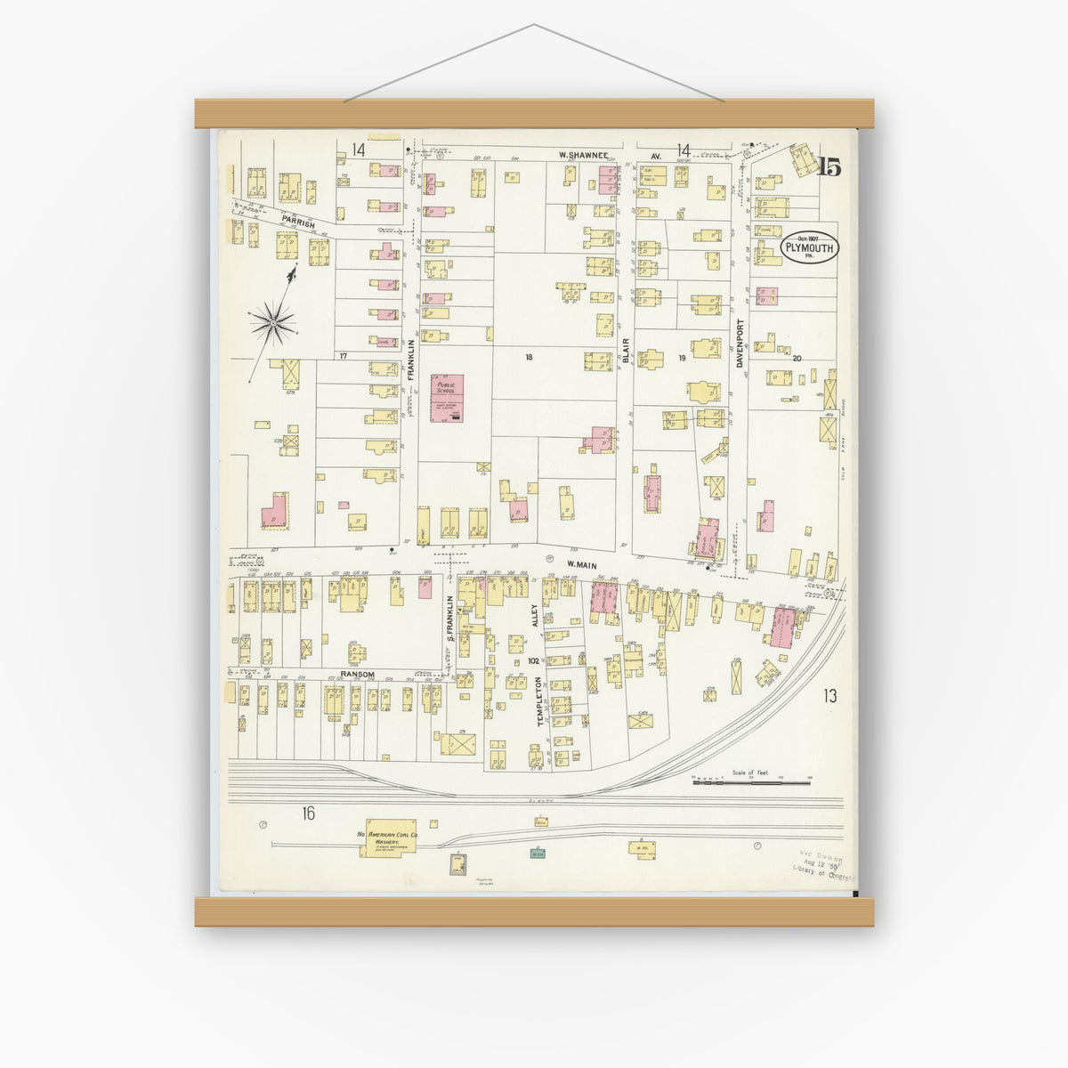 Old map wall art mockup — magnetic wood frame on white wall — Sanborn Fire Insurance Map from Plymouth, Luzerne County, Pennsylvania (1907), Sheet #0015