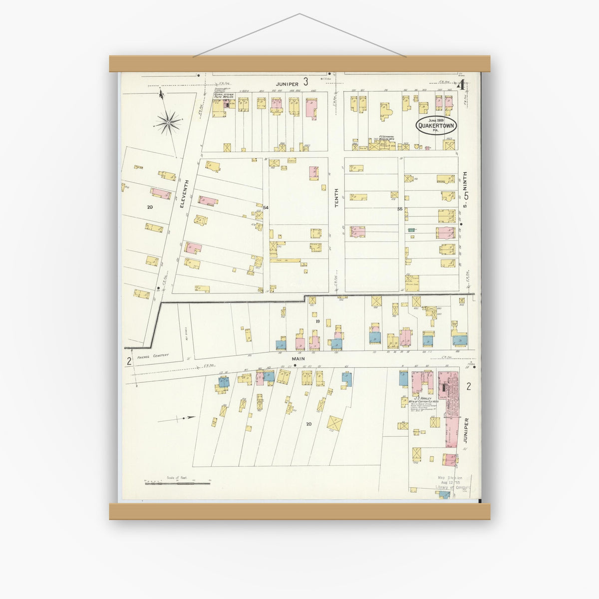 Old map wall art mockup — magnetic wood frame on white wall — Sanborn Fire Insurance Map from Quakertown, Bucks County, Pennsylvania (1909), Sheet #0004