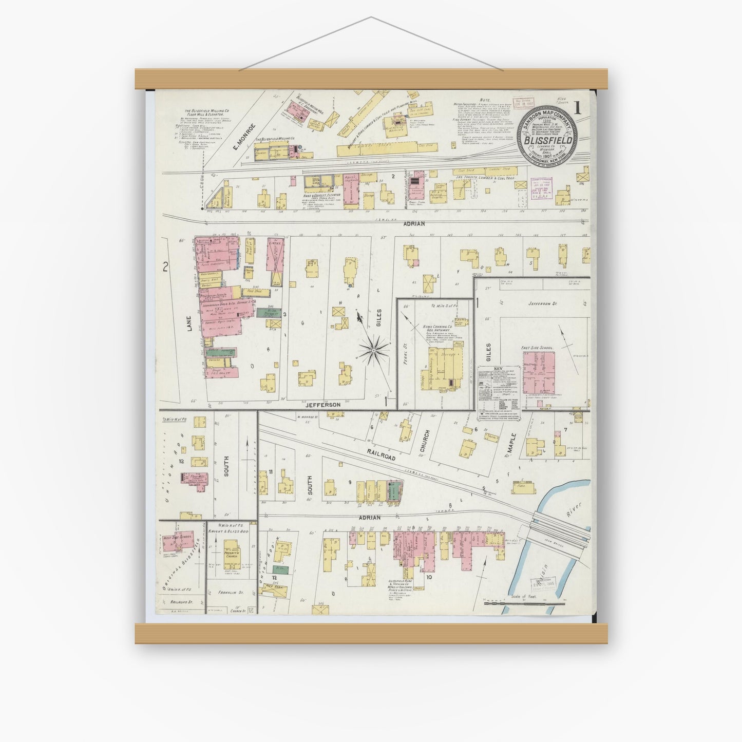 Old map wall art mockup — magnetic wood frame on white wall — Sanborn Fire Insurance Map from Blissfield, Lenawee County, Michigan (1907) - Complete Map Set