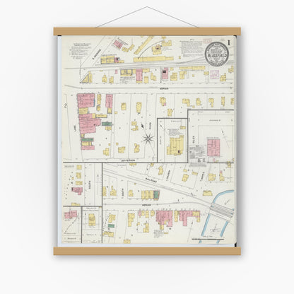 Old map wall art mockup — magnetic wood frame on white wall — Sanborn Fire Insurance Map from Blissfield, Lenawee County, Michigan (1907) - Complete Map Set