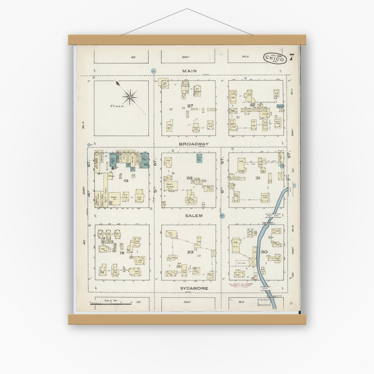 Old map wall art mockup — magnetic wood frame on white wall — Sanborn Fire Insurance Map from Chico, Butte County, California (1886), Sheet #0007