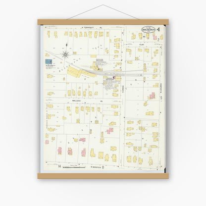 Old map wall art mockup — magnetic wood frame on white wall — Sanborn Fire Insurance Map from Bowling Green, Wood County, Ohio (1908), Sheet #0004