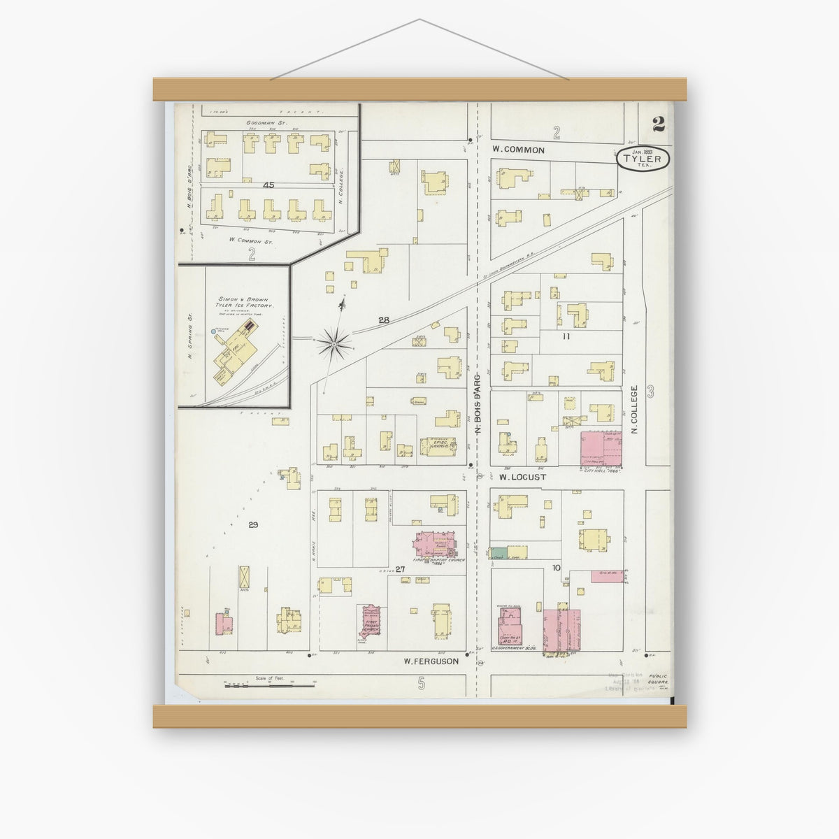 Old map wall art mockup — magnetic wood frame on white wall — Sanborn Fire Insurance Map from Tyler, Smith County, Texas (1893), Sheet #0002